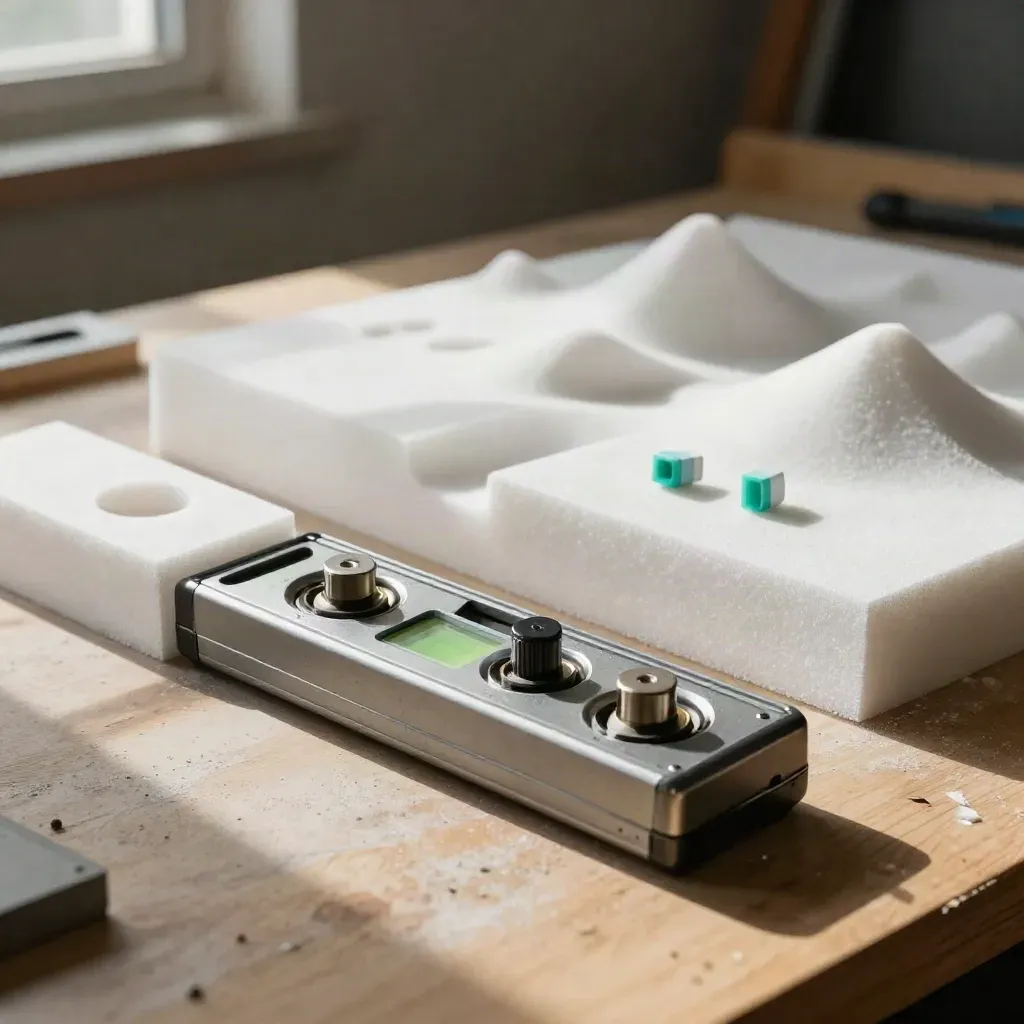 Foam game prototype, controller shell, and teal calibration markers on a workshop bench
