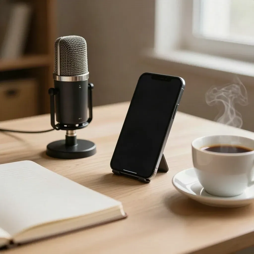 Warm studio desk with phone on stand, desktop mic, closed notebook and coffee cup in window light