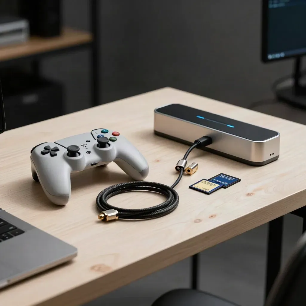 Console gamepad, dock, adapters and storage cards on a studio bench with cool blue glow.