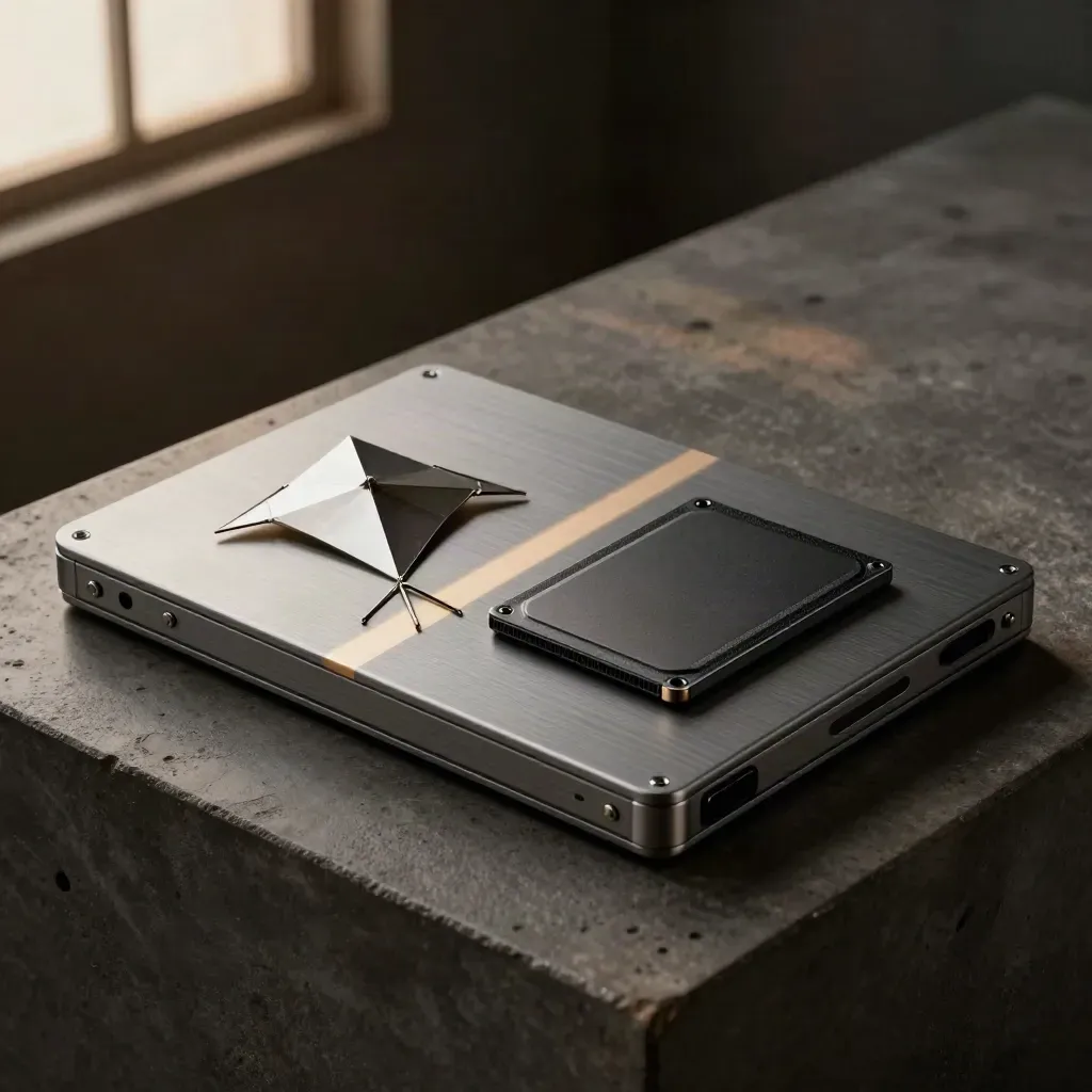 Diagonal pitch case, metal kite sculpture and sealed SSD on a dark concrete plinth.
