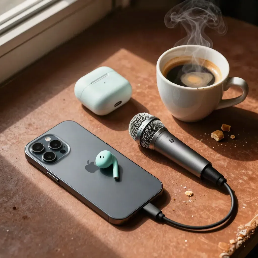 Overhead still life of a phone, earbuds, mic, calendar cube and espresso cup on terracotta clay.